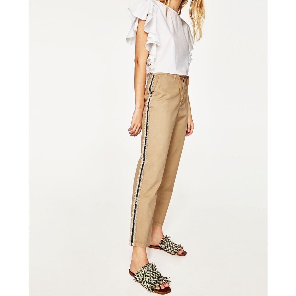 Zara Basic Z1975 Denim Khaki Drawstring Jogger Pants Frayed Blue Side Hem Sz 2